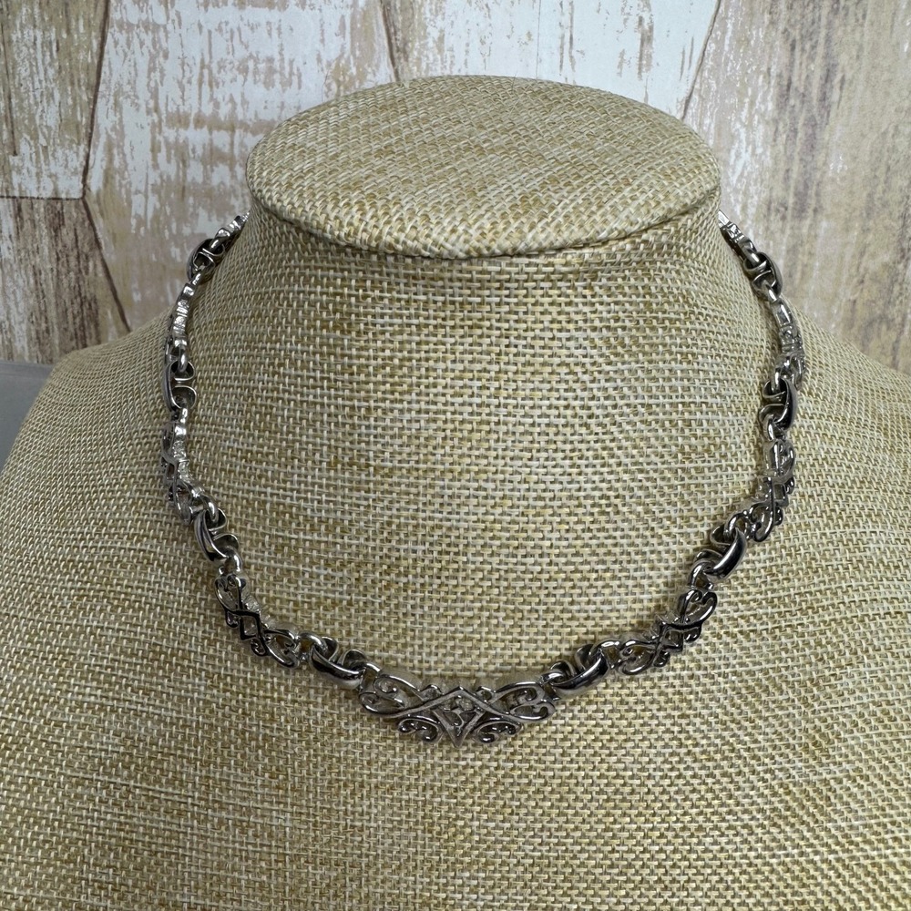 Vintage Silver Tone Filigree Heart Link Choker Necklace 13 Inch Retro Jewelry